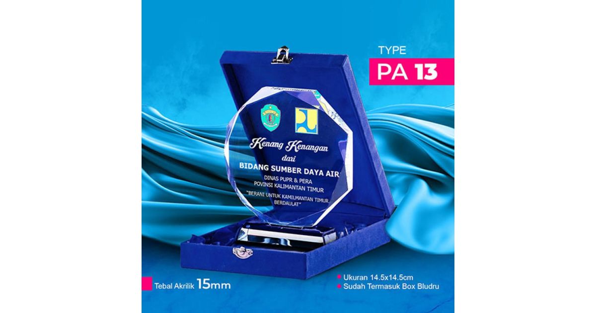 Cetak Plakat Kristal Bulat PA-13 Custom Logo  Cetak UV Full Color + Kotak Eksklusif