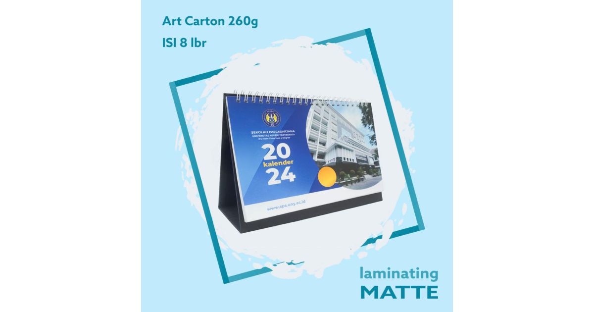 Kalender A5 210x150 Landscape, Isi 6-8 lbr, Art Carton 260g 2 Sisi, Laminating Matte