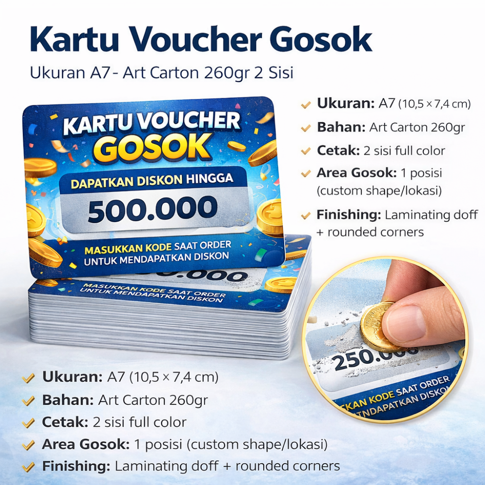 Cetak Voucher Gosok A7 - Art Carton 260gr 2 Sisi, 1 Posisi Gosok, Laminating Doff, Rounded Corners